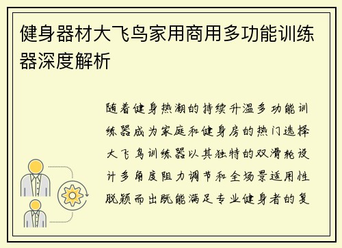 健身器材大飞鸟家用商用多功能训练器深度解析