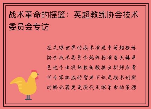 战术革命的摇篮：英超教练协会技术委员会专访