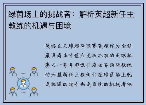绿茵场上的挑战者：解析英超新任主教练的机遇与困境